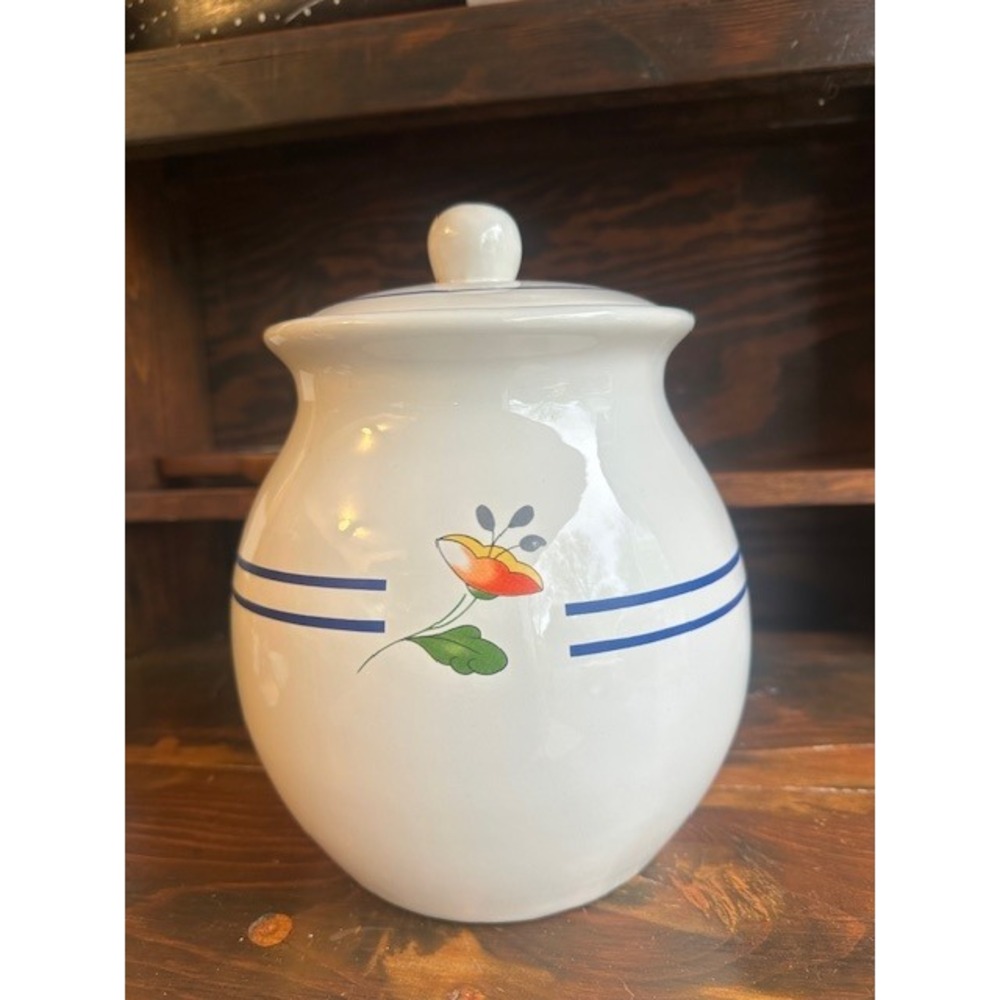 Vintage‎ Gailstyn Sutton White Ceramic Canister Floral Blue Stripes 1980s Lidded